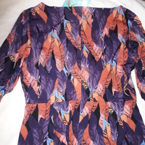 Fall Feather Print 3/4 Sleeve Gathered Dress M - Picture 5 of 6